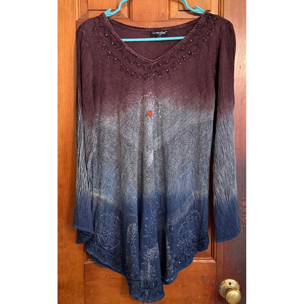 Greater Good Ombre Embroidered Beaded Tunic Top L/XL Purple Blue Rayon Boho